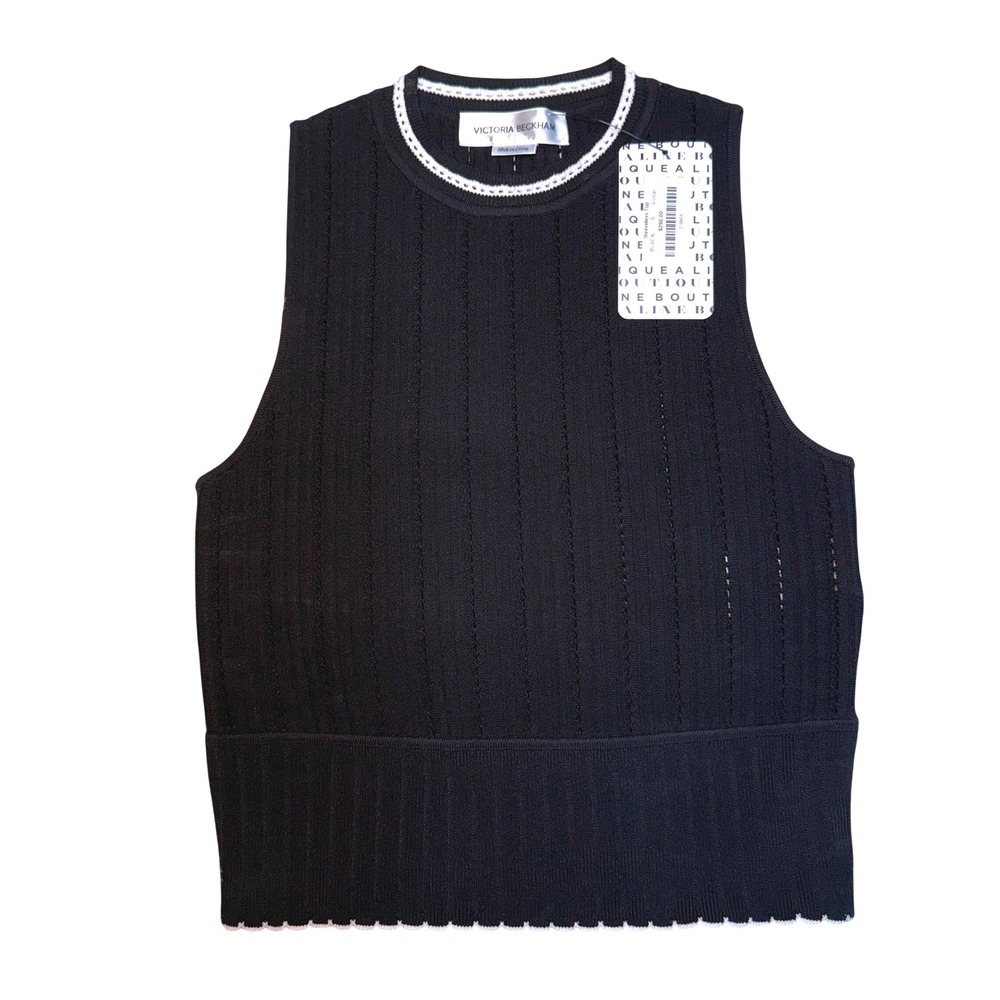 NWT Victoria Beckham Womens Black White Pointelle Rib Knit Sleeveless Crop Top S - Picture 2 of 5